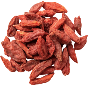 A pile of dried, red goji berries on a white background.