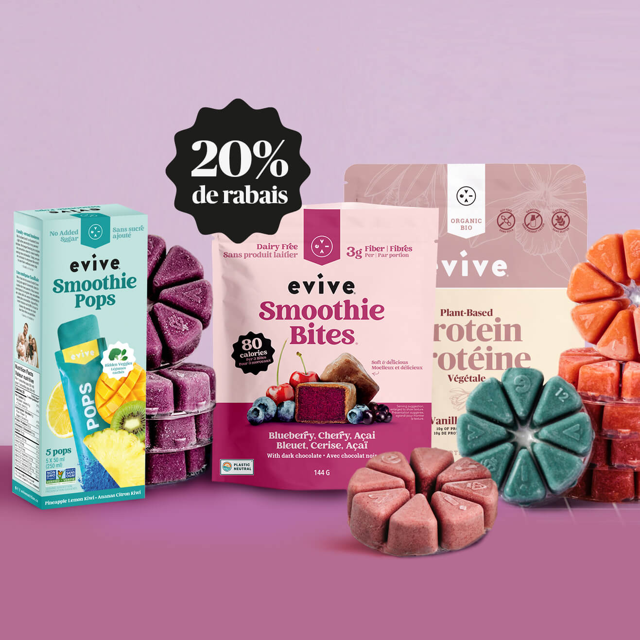 Assorted Evive smoothie products with a 20% discount label on a purple background.