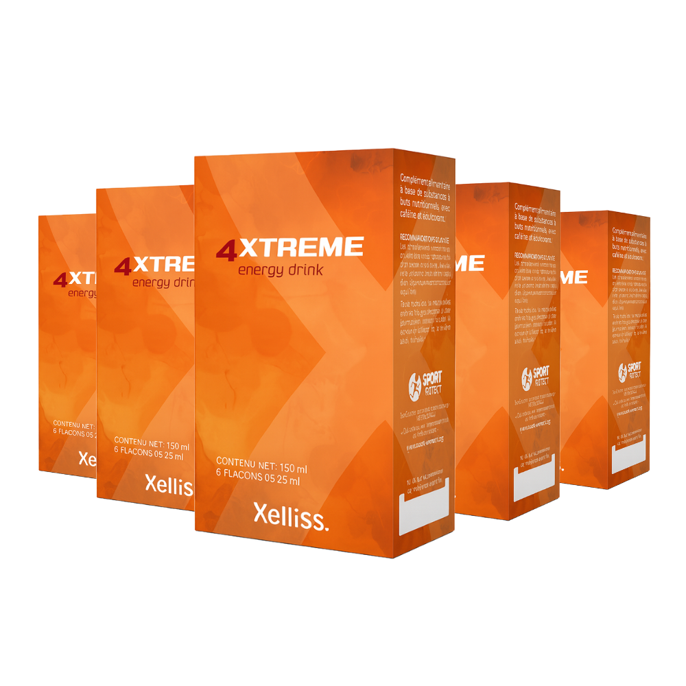 Several orange boxes of 4Xtreme energy drink by Xelliss.