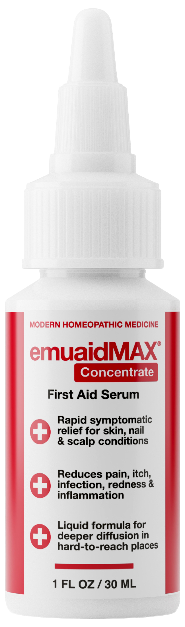 A white bottle of emuaidMAX Concentrate First Aid Serum against a white background.
