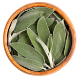 Wooden bowl filled with fresh sage leaves.