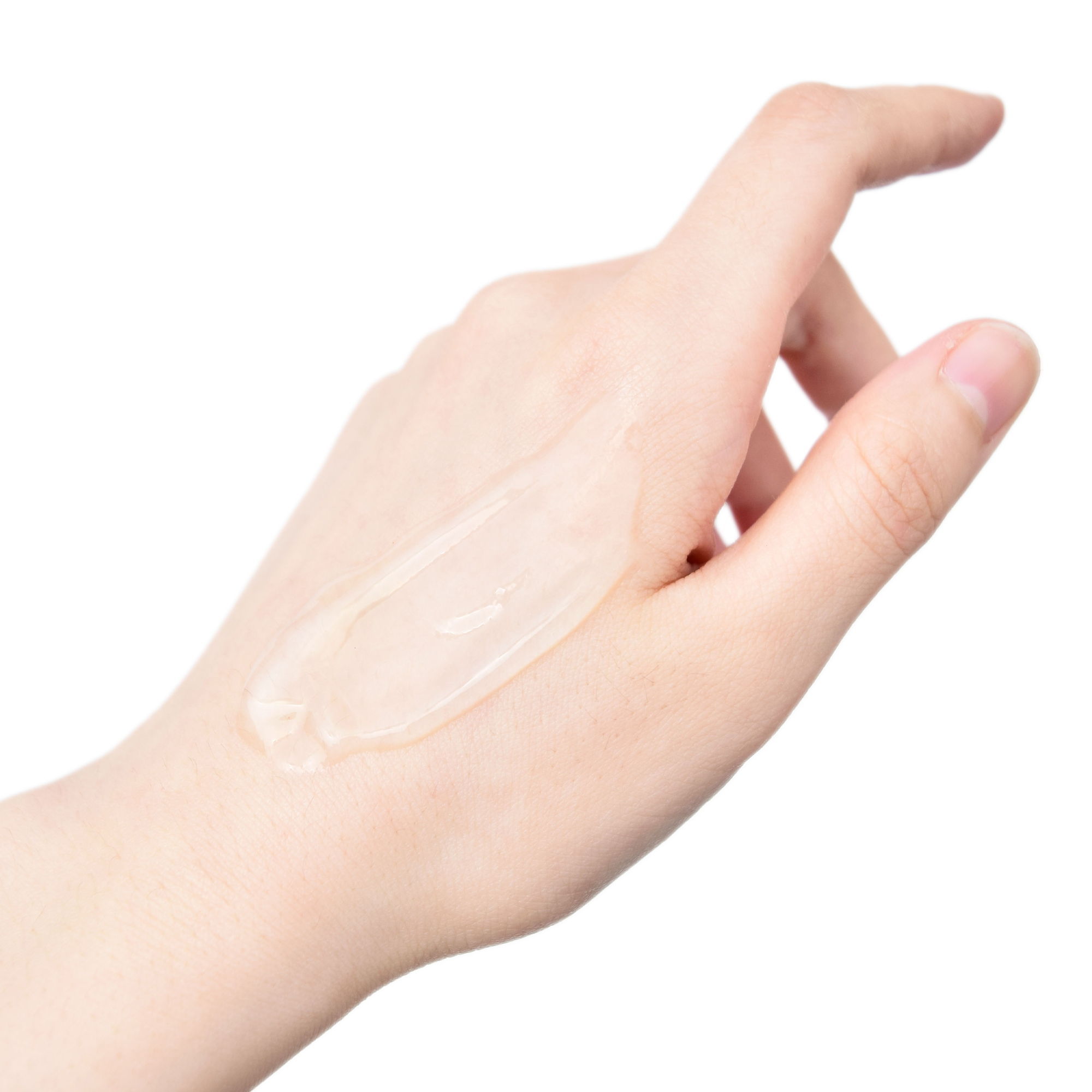 Hand with clear gel applied on the back.