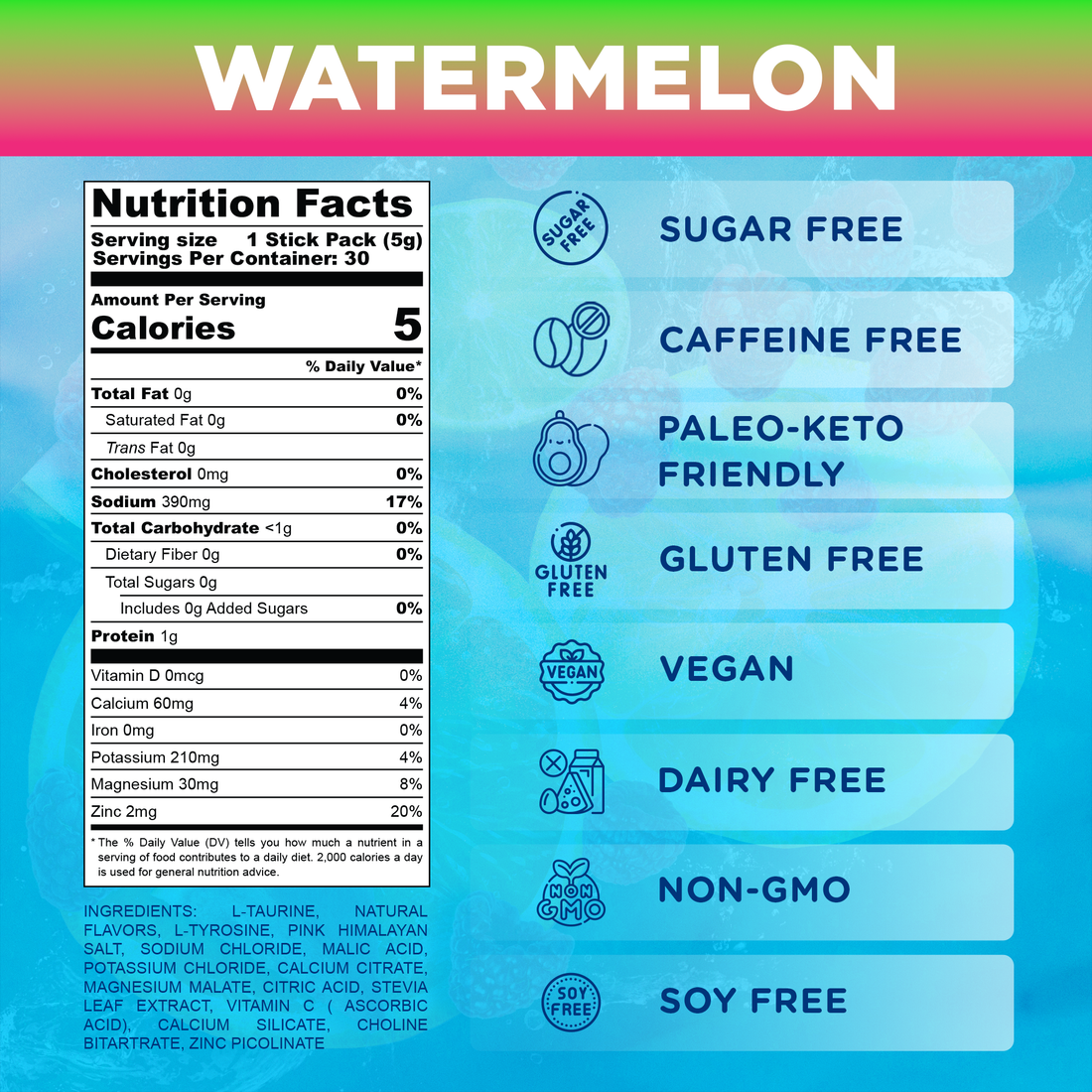 Nutrition facts and dietary icons for a watermelon-flavored product.
