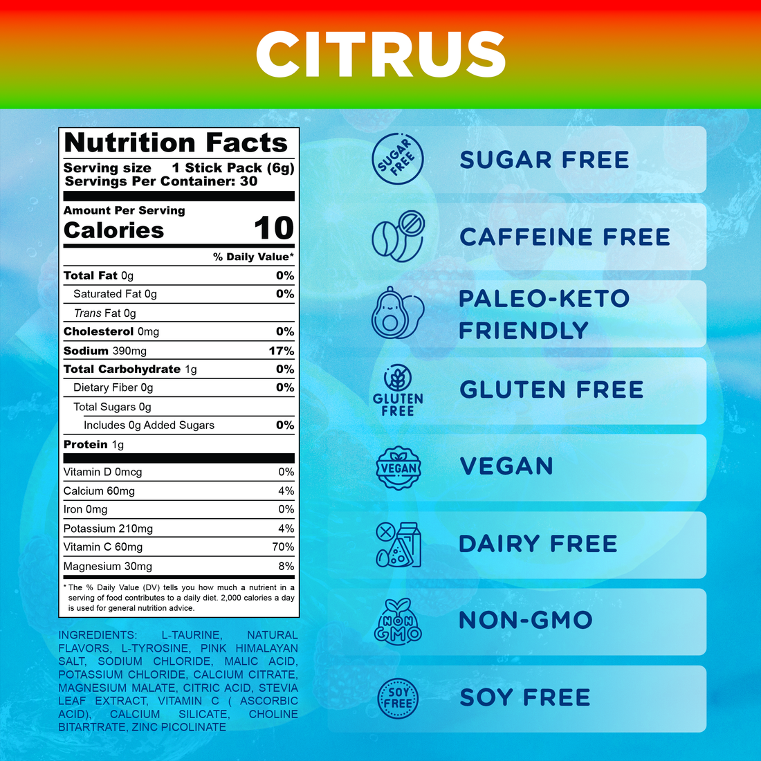 Citrus product label with nutrition facts and dietary icons.