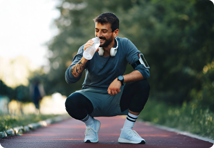 Man squatting on a path, drinking water, with headphones around his neck.