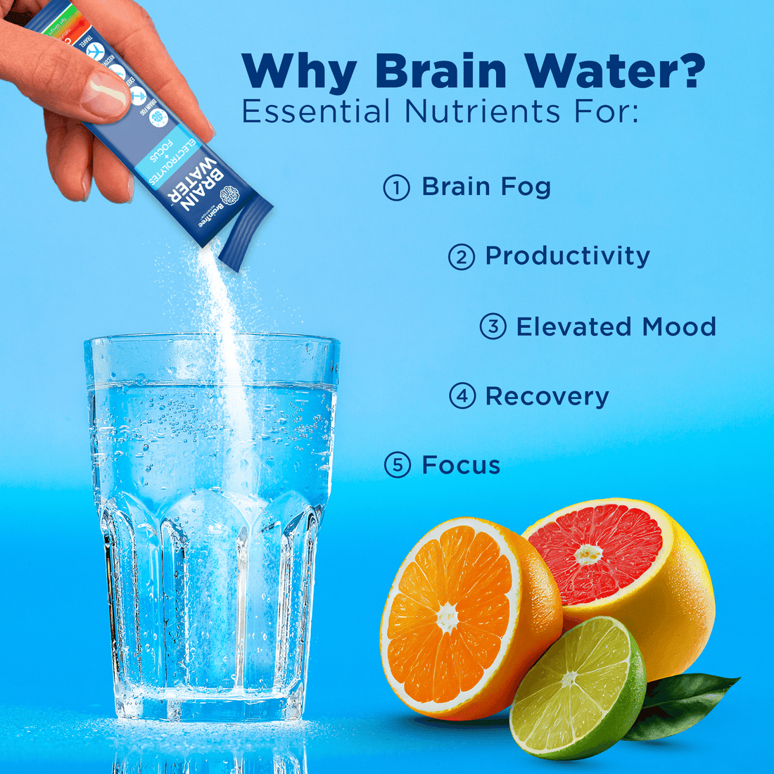 Hand pouring powder into a glass of water with citrus fruits and text about brain benefits.