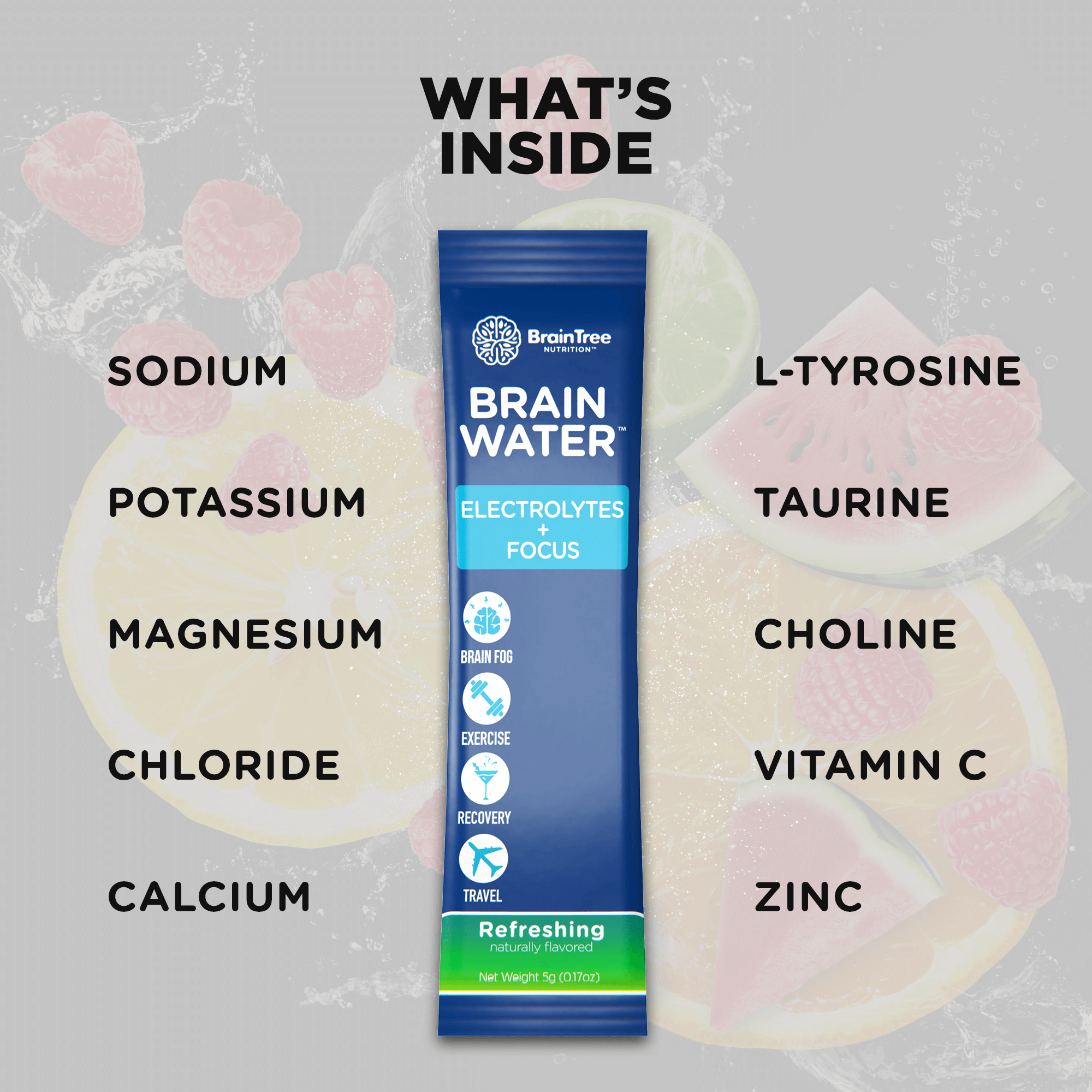 Brain Water electrolyte packet with listed ingredients and benefits on a fruit background.