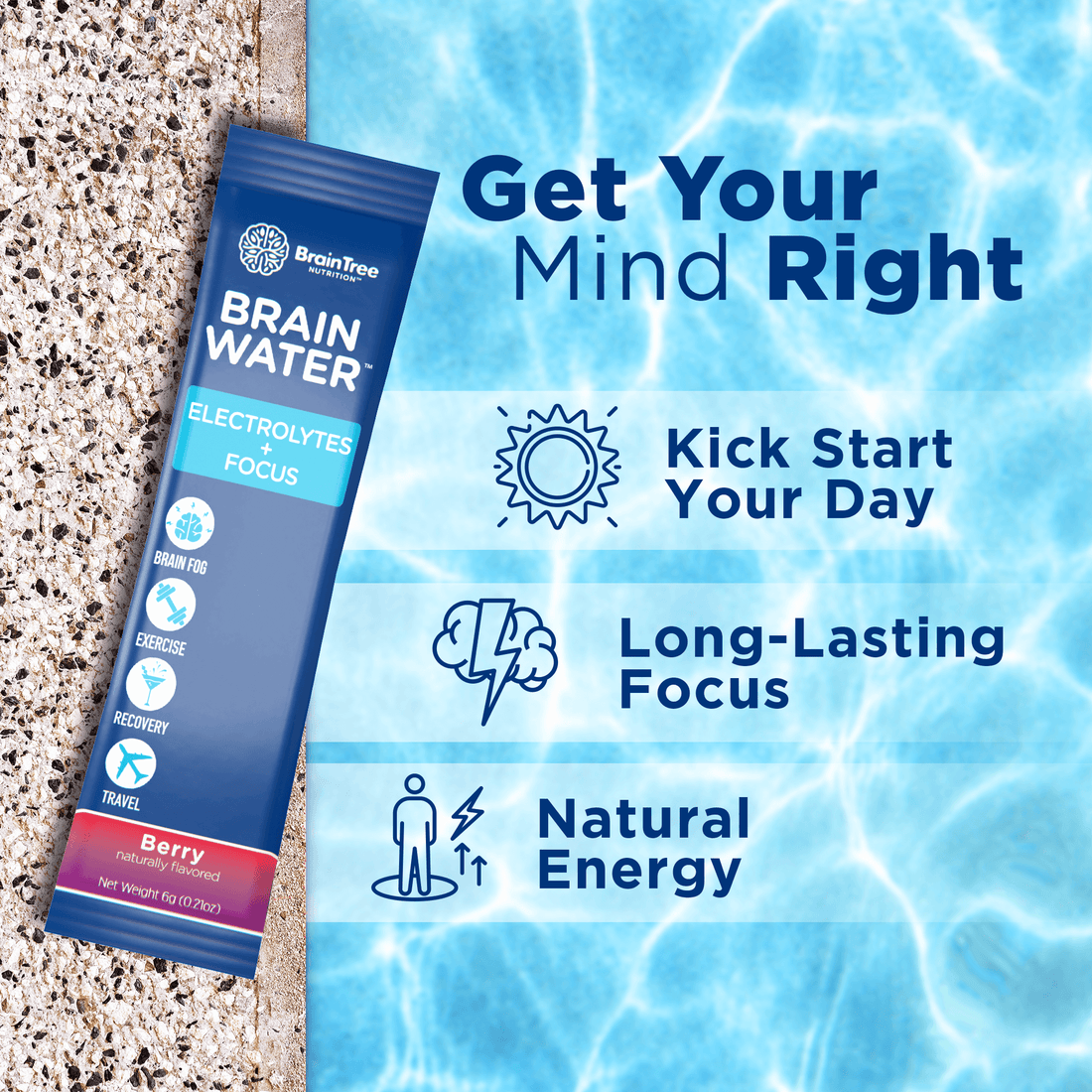 Packet of Brain Water on poolside with text promoting focus and energy.