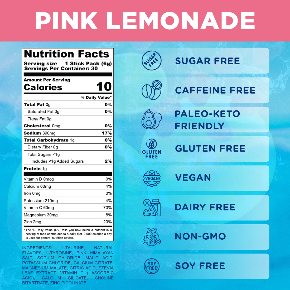 Pink lemonade nutrition facts and dietary information on a colorful background.