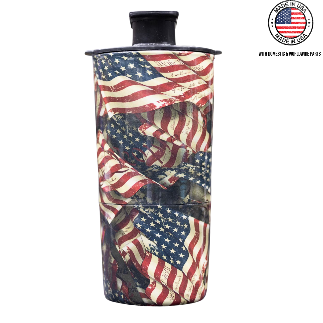 A cylindrical container with American flag design and 'Made in USA' label.