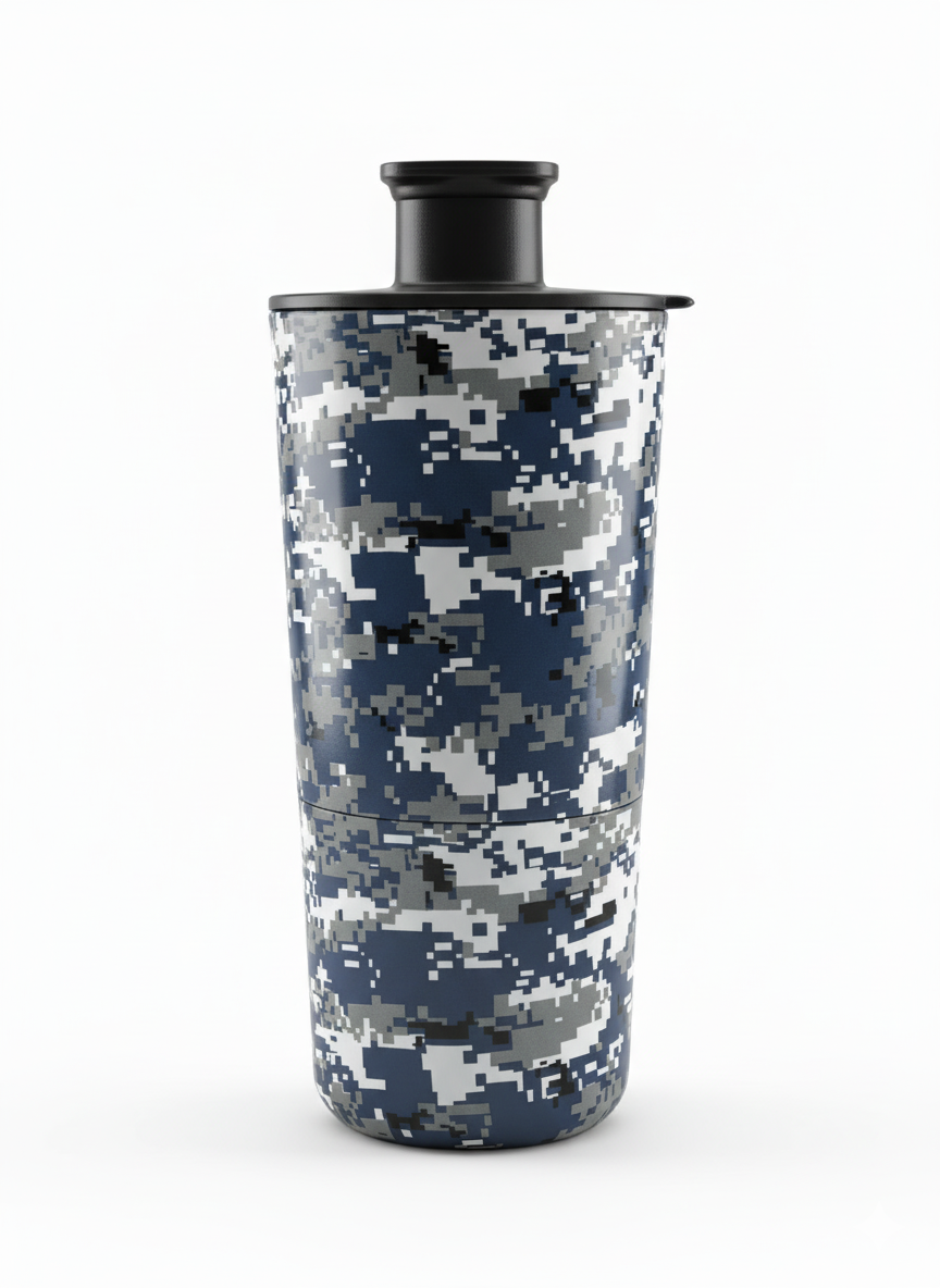 Camouflage-patterned tumbler with a black lid on a white background.