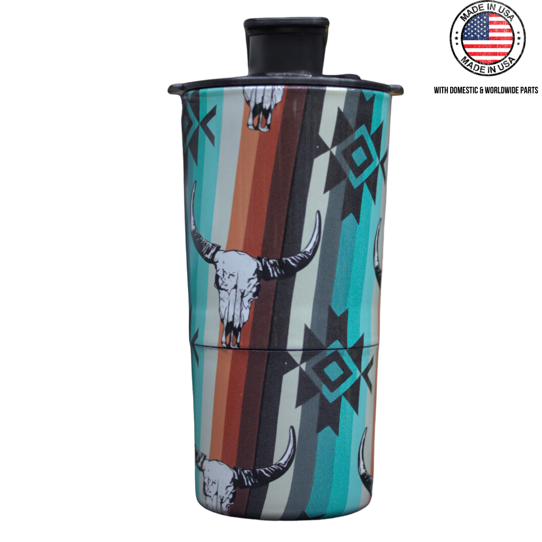 Colorful tumbler with bull skull and geometric patterns.