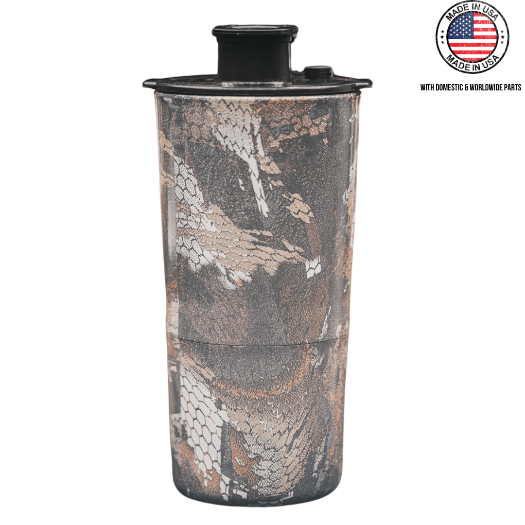 Camouflage-patterned cylindrical container with a black lid.