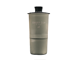 A gray snuff cup with a black lid on a white background.