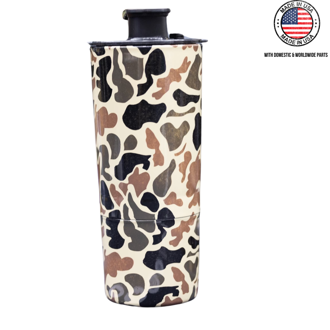 Camouflage-patterned tumbler with a black lid, 'Made in USA' label.