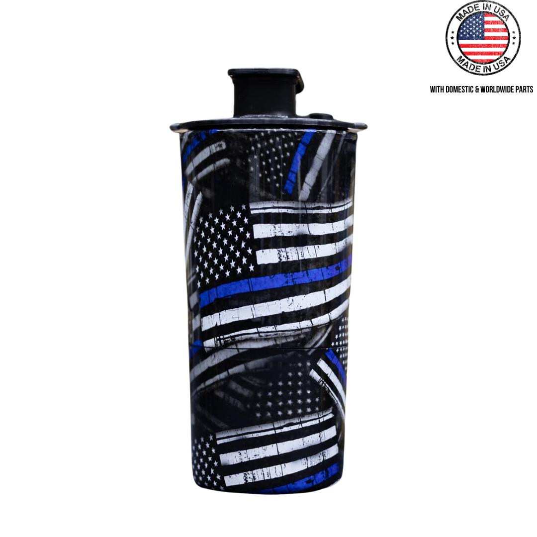 Black tumbler with American flag design and blue stripe.