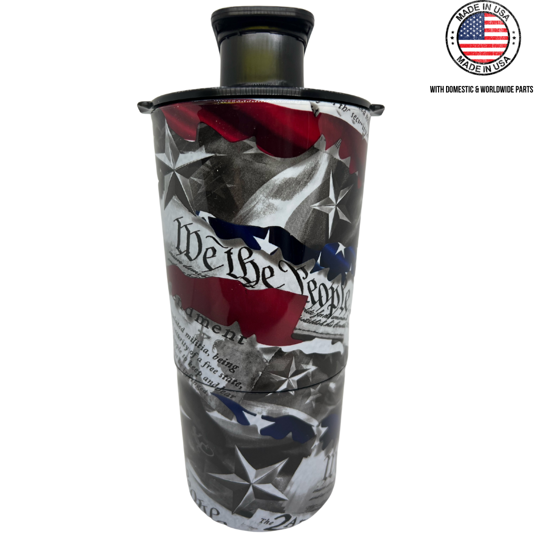 Decorative tumbler with American flag, stars, and 'We the People' design.
