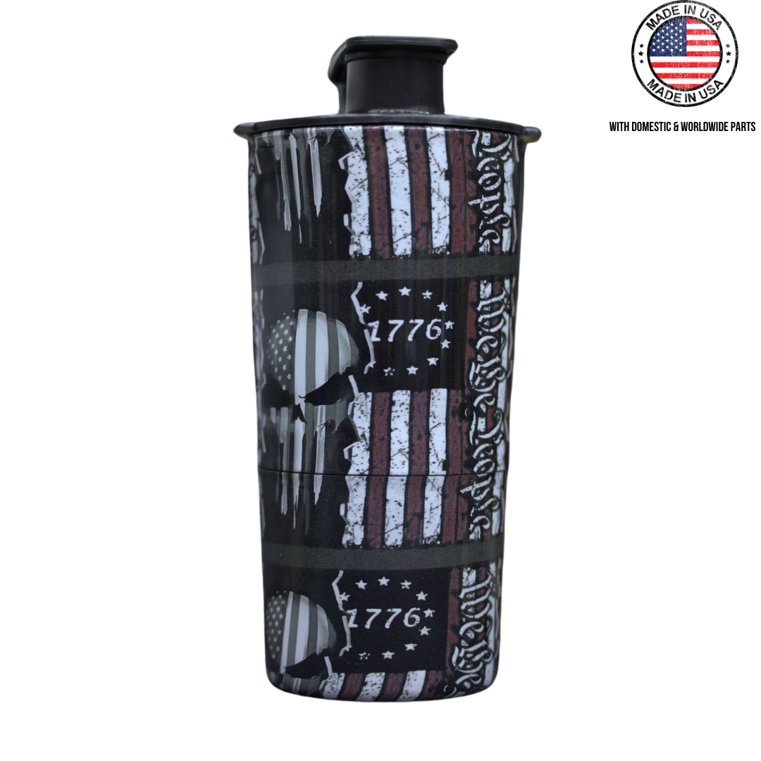 Tumbler with American flag and skull design, marked '1776' and 'Made in USA'.