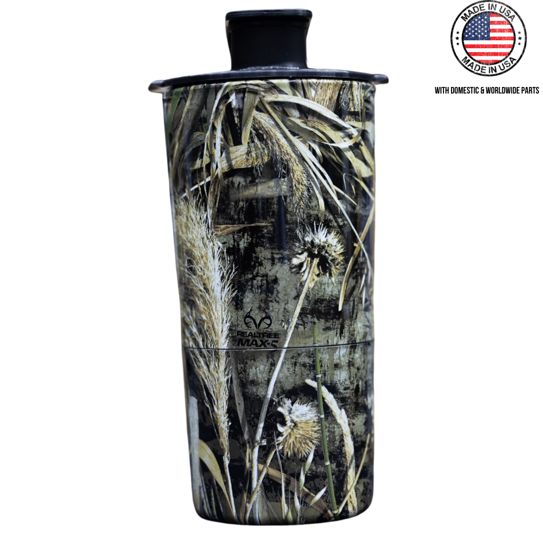 Camouflage-patterned tumbler with a black lid, featuring a 'Made in USA' label.