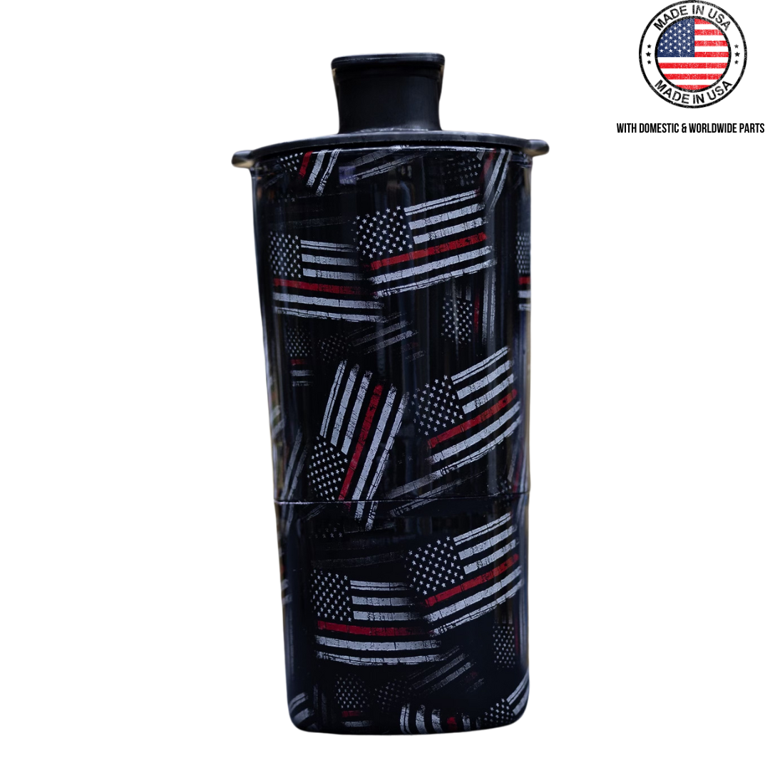 Black container with American flag pattern and 'Made in USA' label.