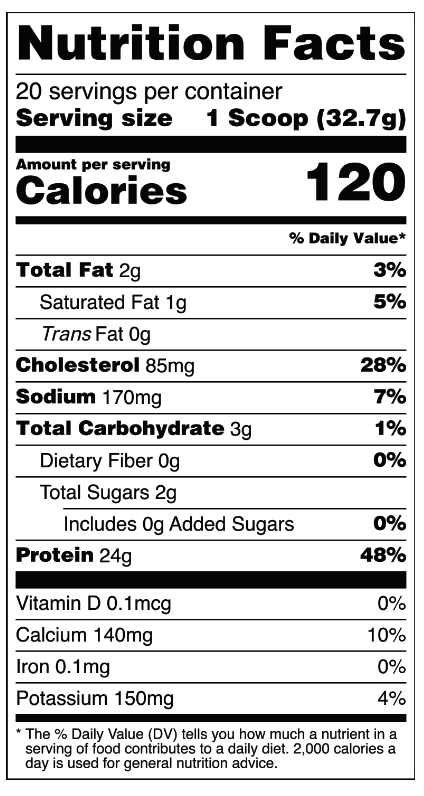 Nutrition facts label showing calories, fat, cholesterol, sodium, carbohydrates, protein, vitamins, and minerals.