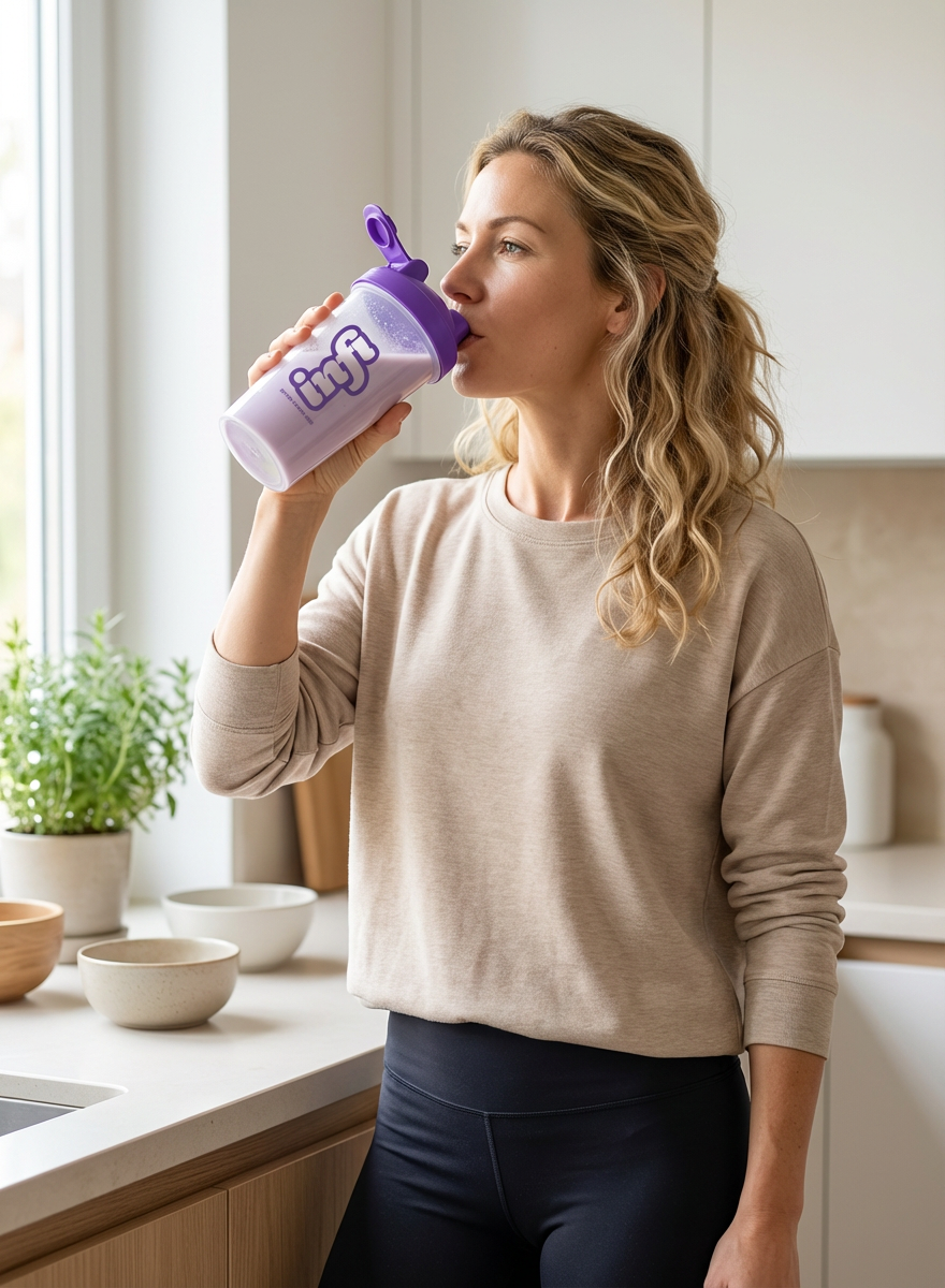 Person drinking from a purple bottle in a kitchen.
