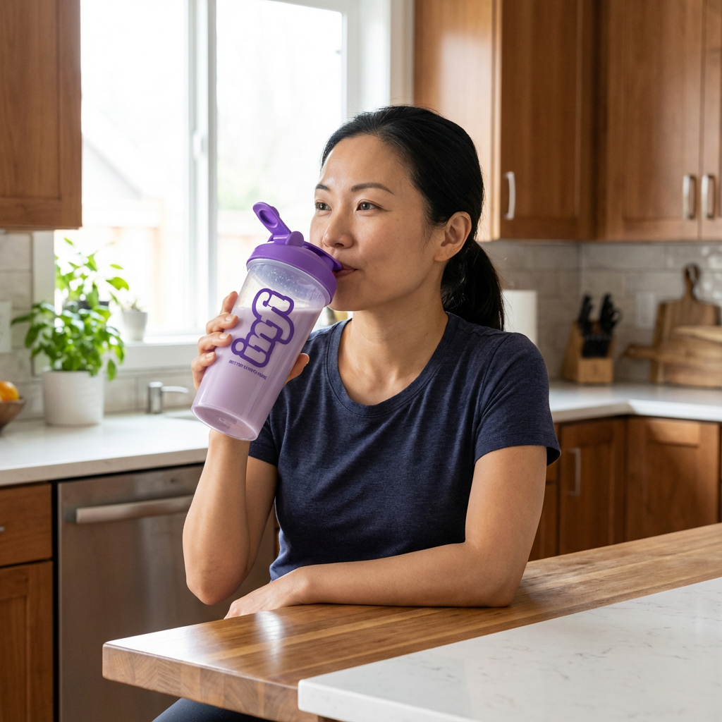 Person drinking from a purple shaker bottle in a kitchen.