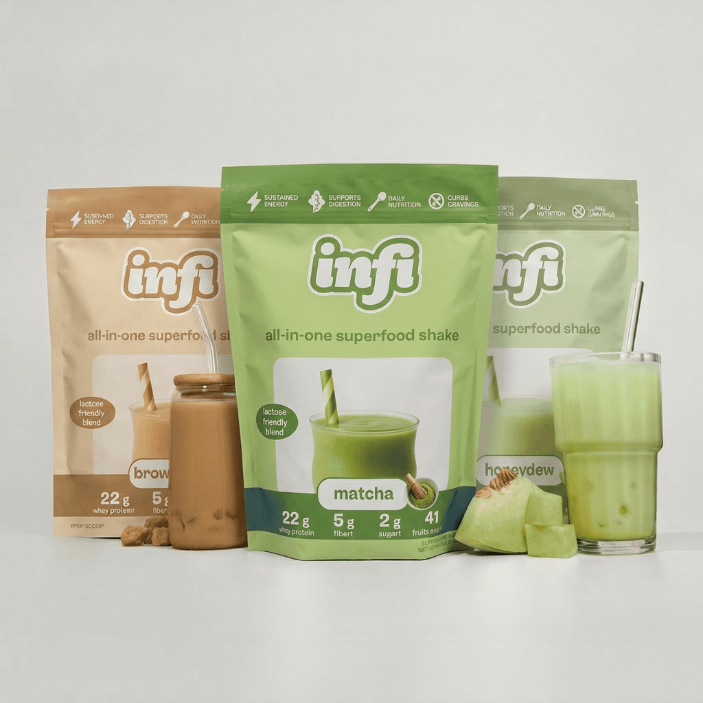 Infi all-in-one shake pouches with prepared drinks