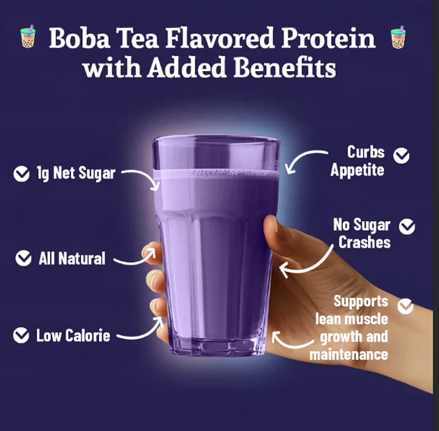 Hand holding a glass of purple boba tea flavored protein with benefits listed around it.
