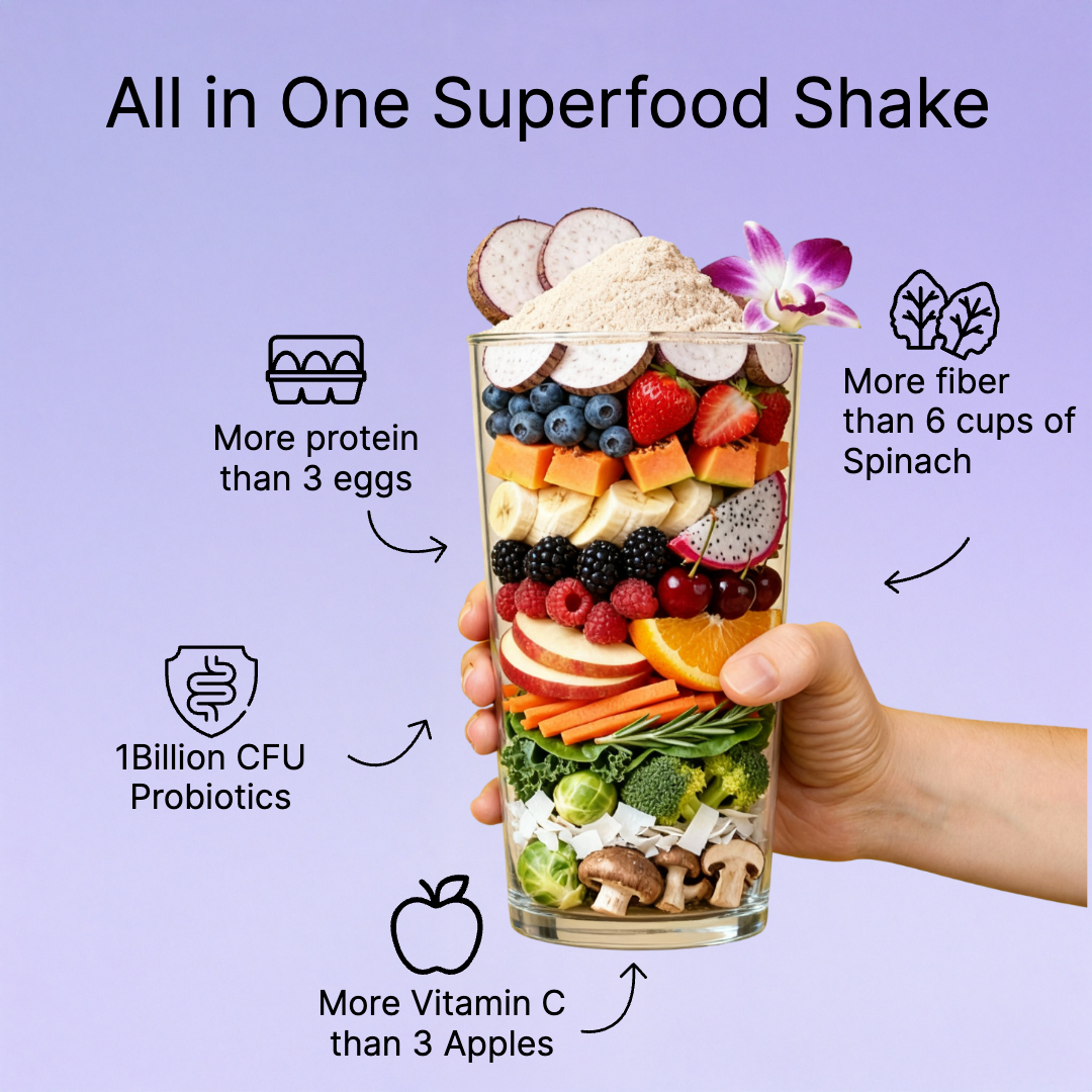 Hand holding glass with layered fruits and vegetables, labeled with nutritional benefits.