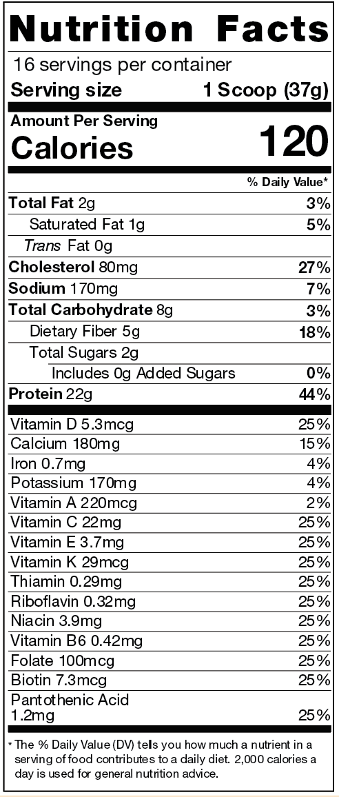 Nutrition facts label showing calories, fats, cholesterol, sodium, carbohydrates, and vitamin content.