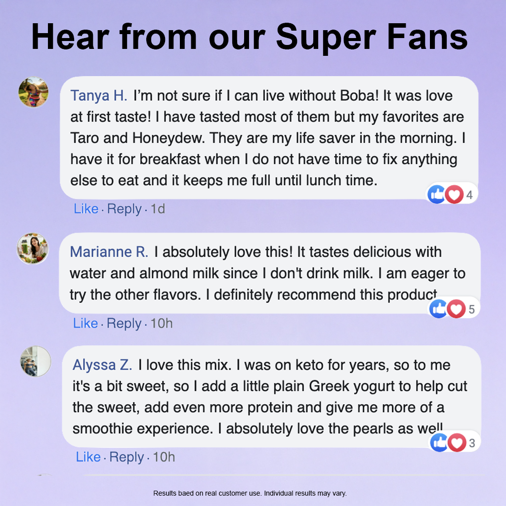 Three text comments with avatars, titled 'Hear from our Super Fans'.