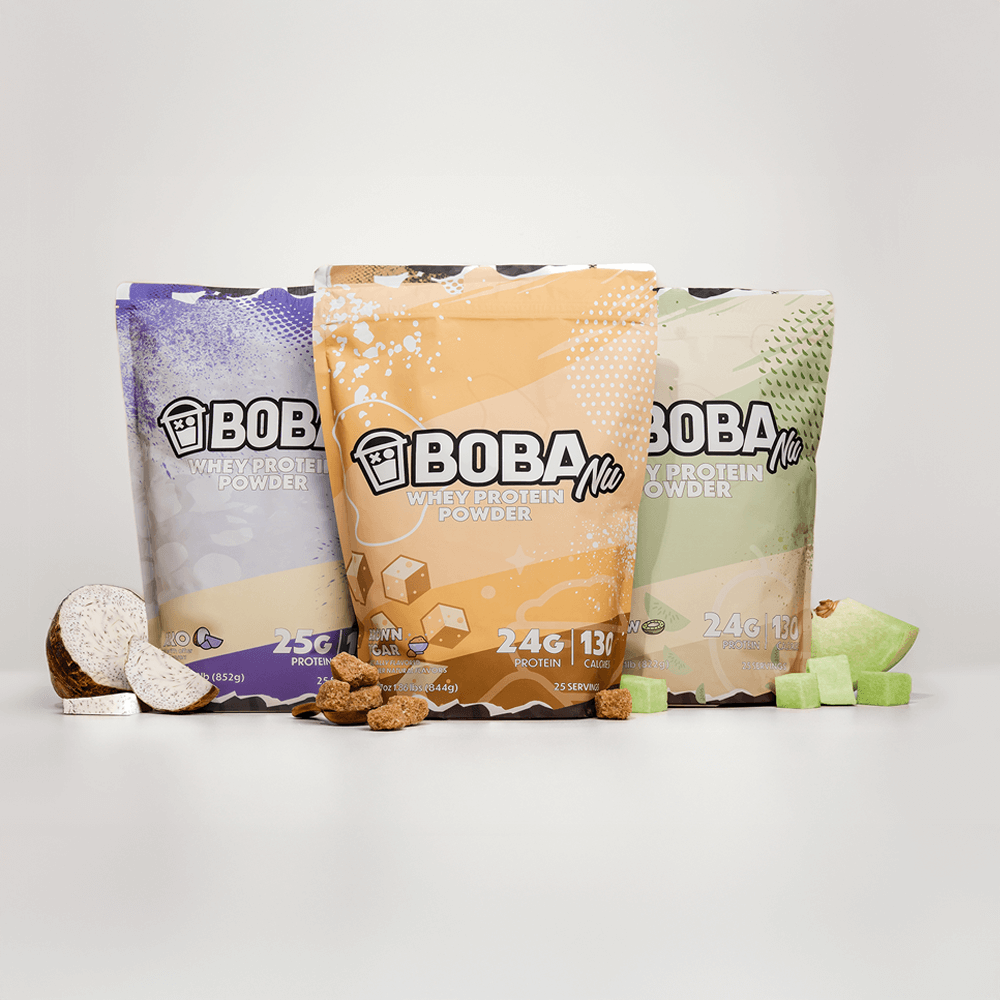 Three bags of Boba Nu whey protein powder with fruit and cereal pieces.
