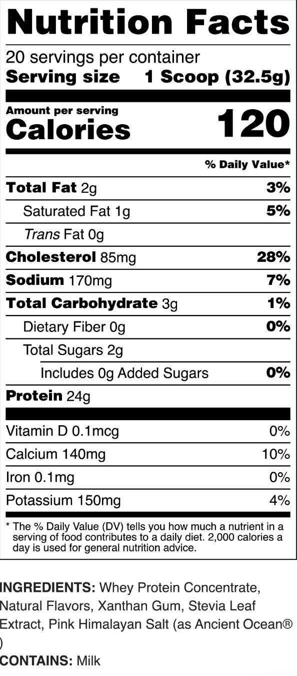 Nutrition facts label for a protein supplement.