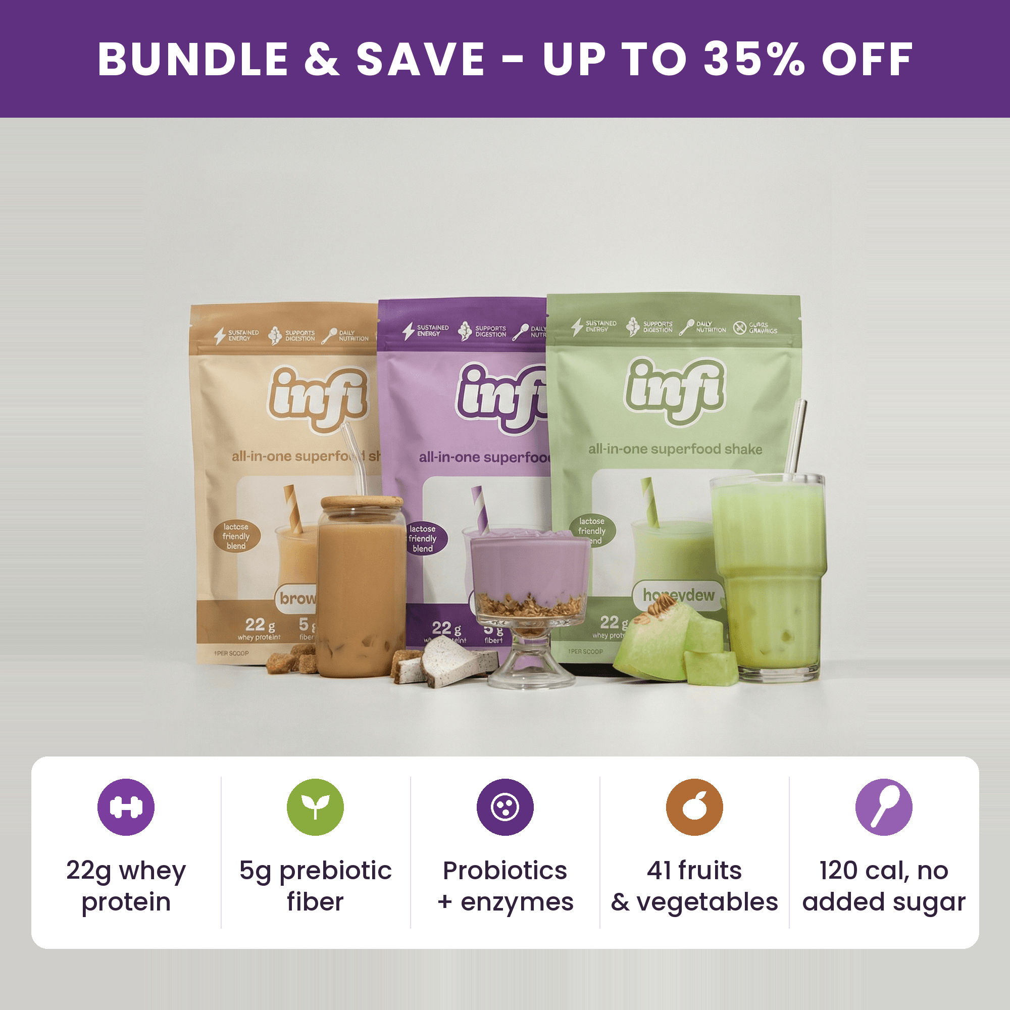 Three pouches of Infi superfood shake mix with prepared drinks and nutritional benefit icons below.