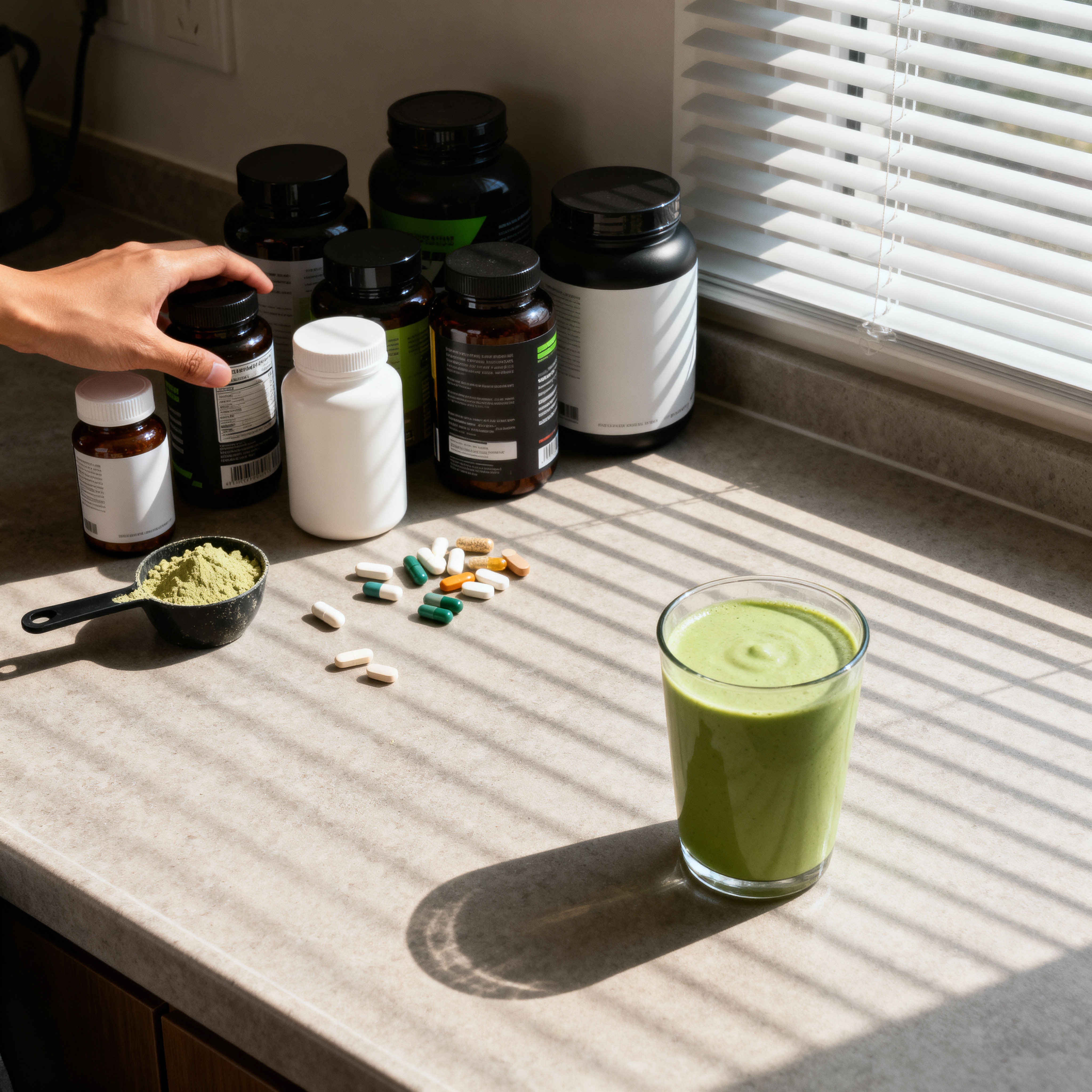 Purple shaker bottle with smoothie, surrounded by fruits and vegetables.