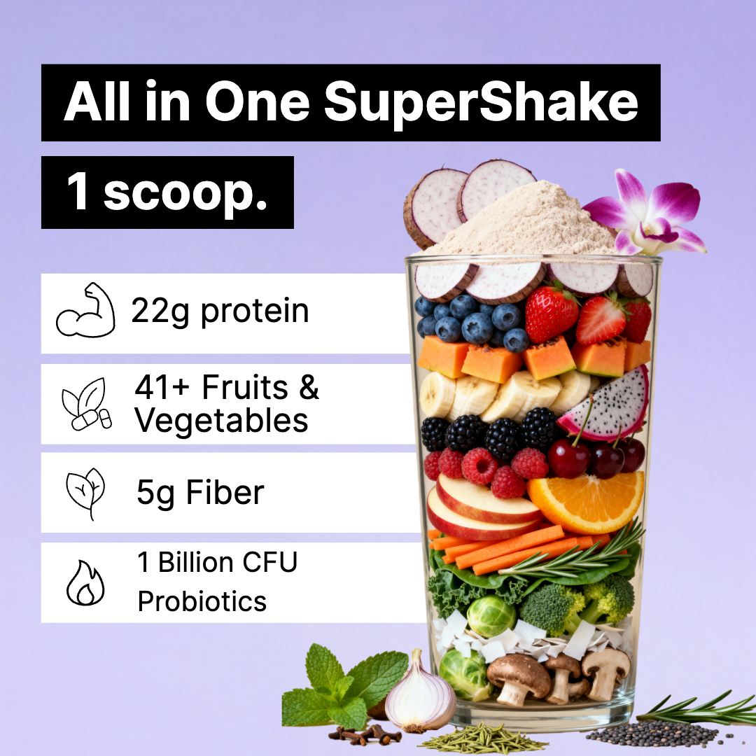 Glass filled with various fruits, vegetables, and powder; text highlights nutritional benefits.