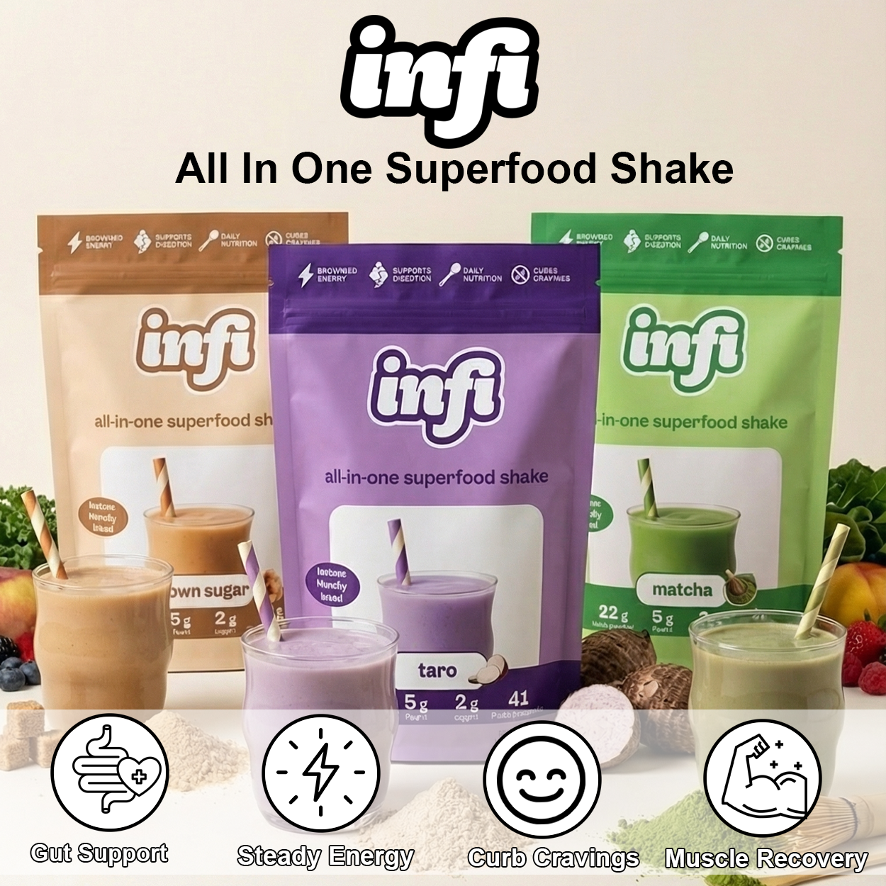 Packages of superfood shakes in brown, purple, and green with glasses and straws in foreground.