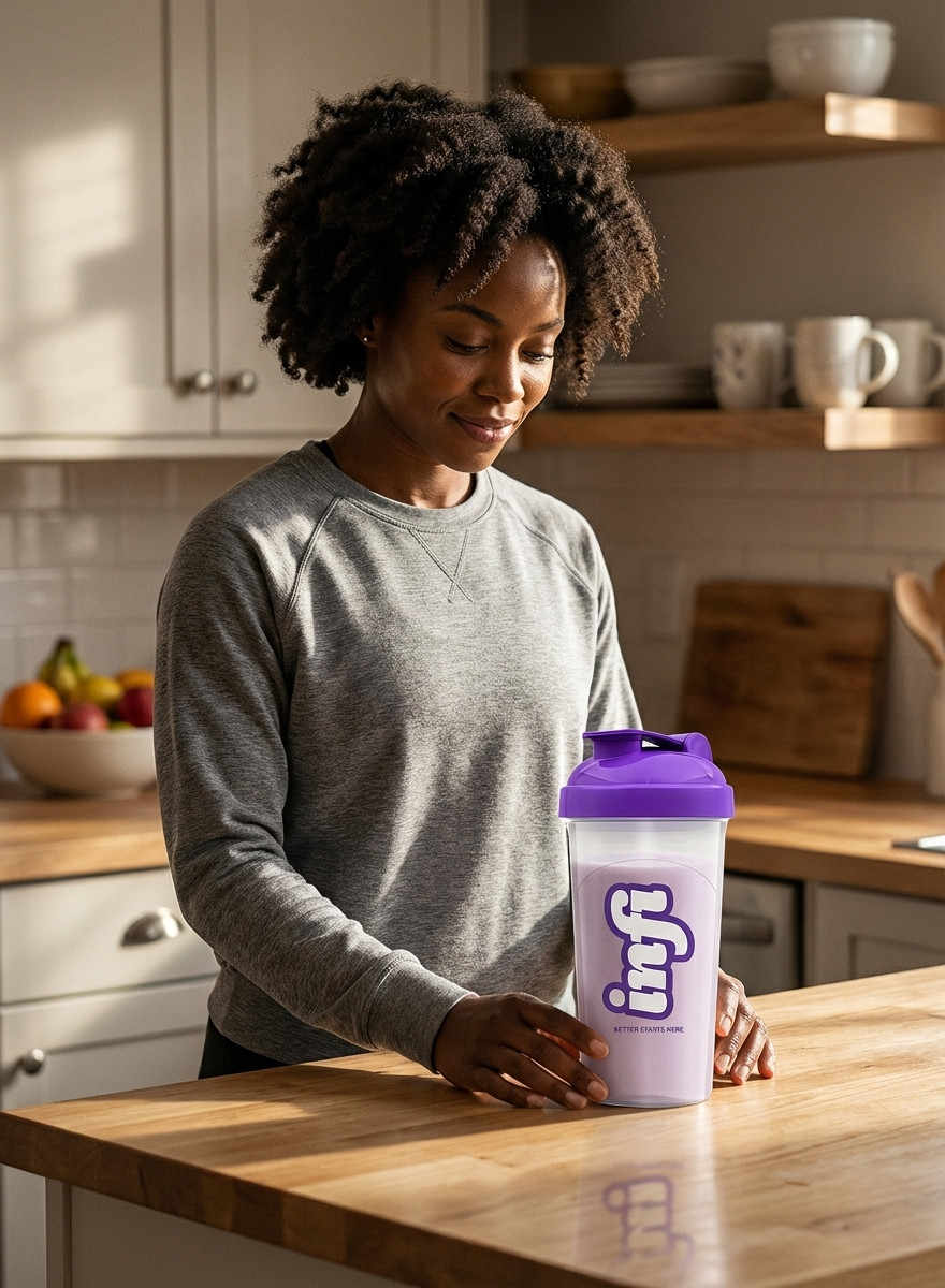 Person holding a large shaker bottle in a kitchen.