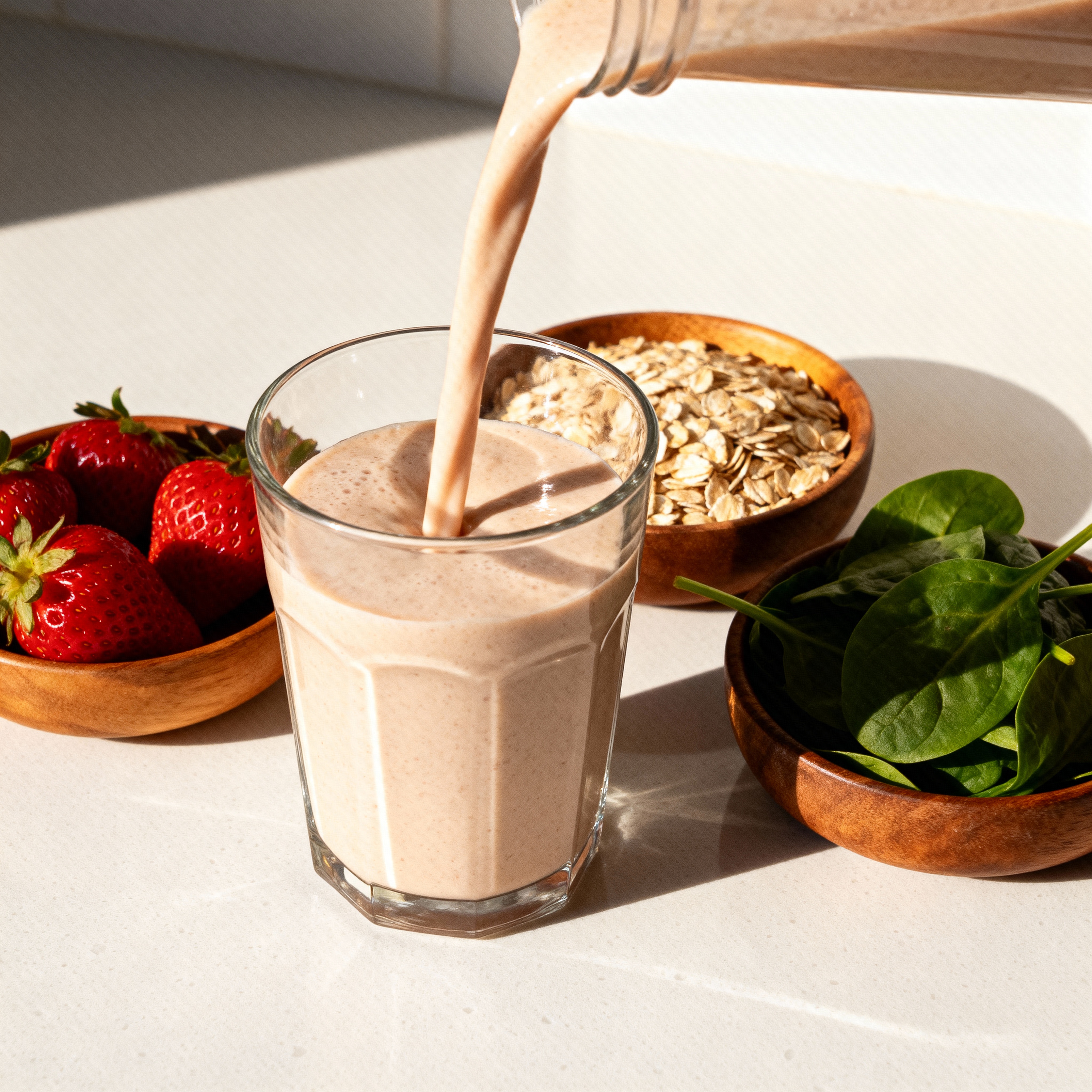 Smoothie poured into glass; bowls of strawberries, oats, and spinach on the side.