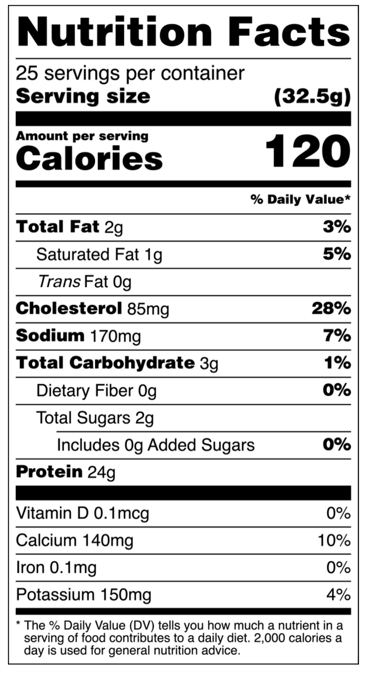 Nutrition facts label with calories, fat, cholesterol, sodium, carbohydrates, and protein information.