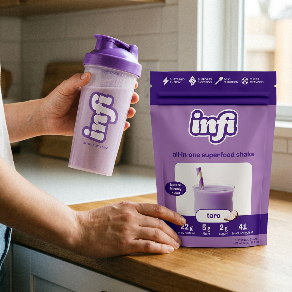 Person holding a purple shaker and purple superfood shake pouch on a counter.