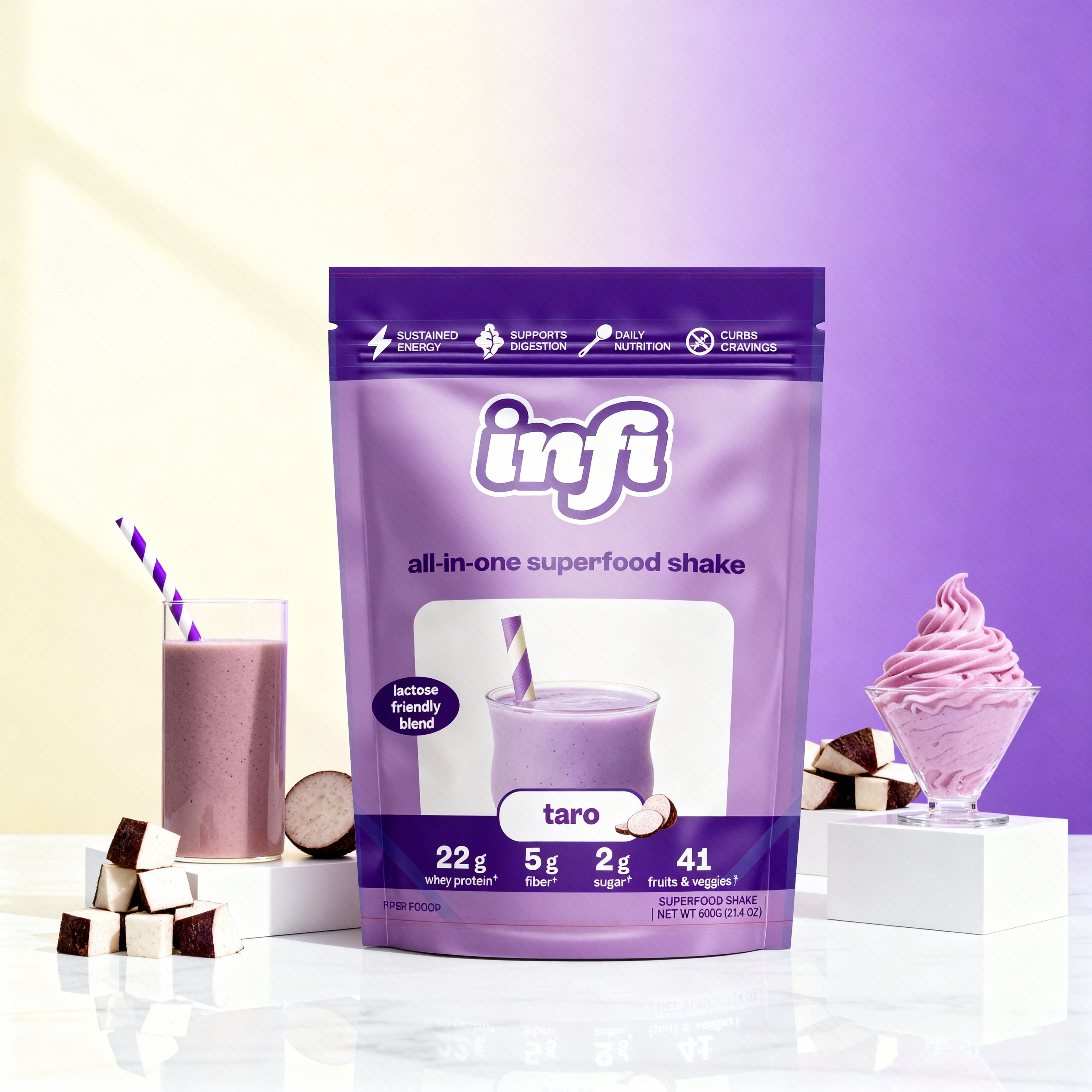 Purple packaged taro superfood shake with glass, cubes, and swirl dessert on a purple background.