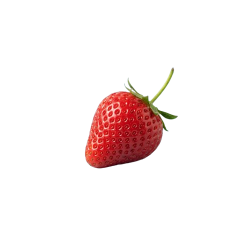 A ripe red strawberry with a green stem on a white background.