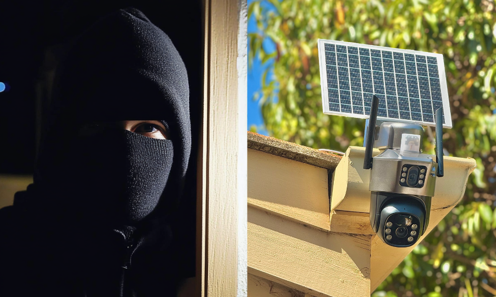 A masked person in shadow and a solar-powered security camera on a roof.