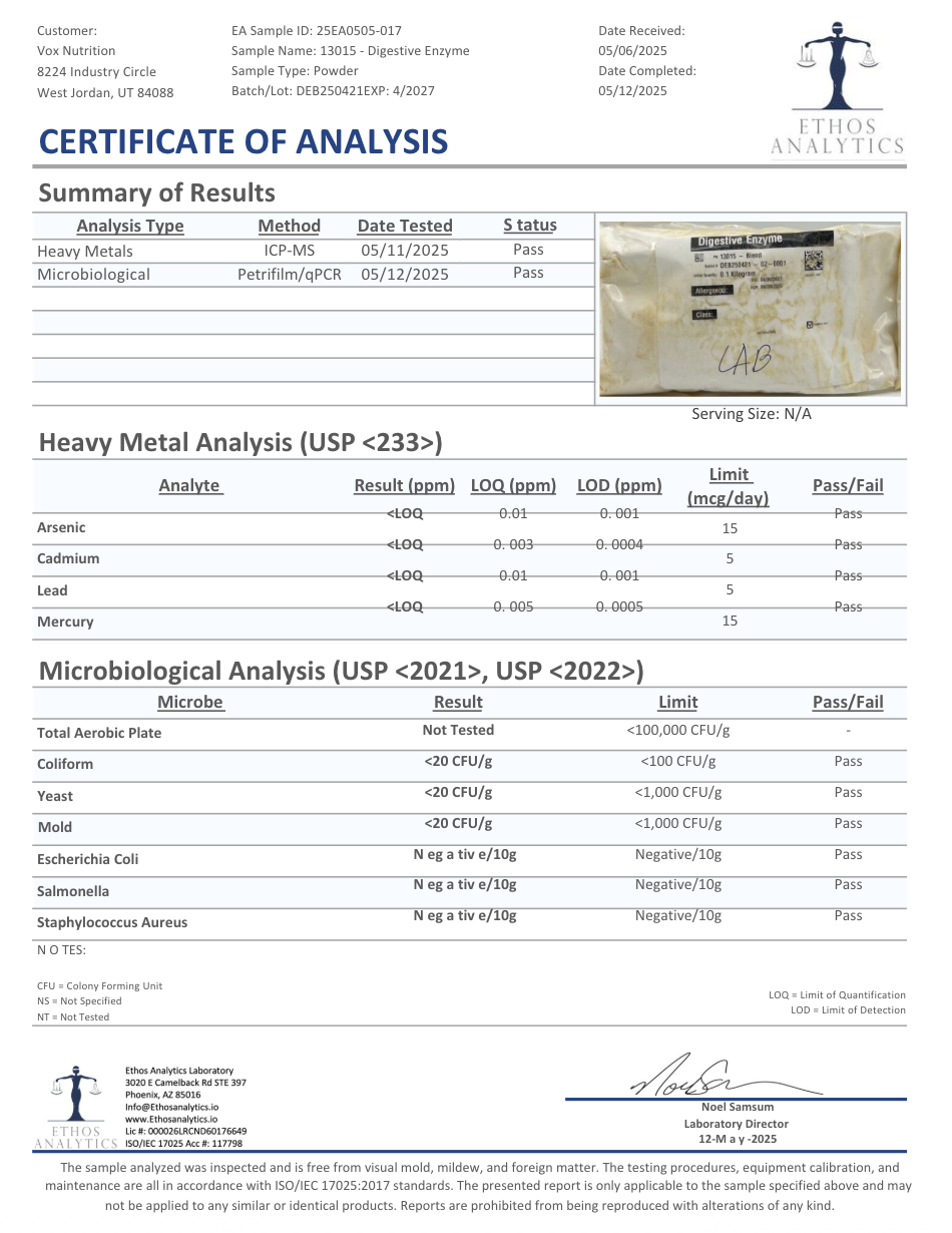 Certificate of analysis for digestive enzyme with heavy metal and microbiological tests.