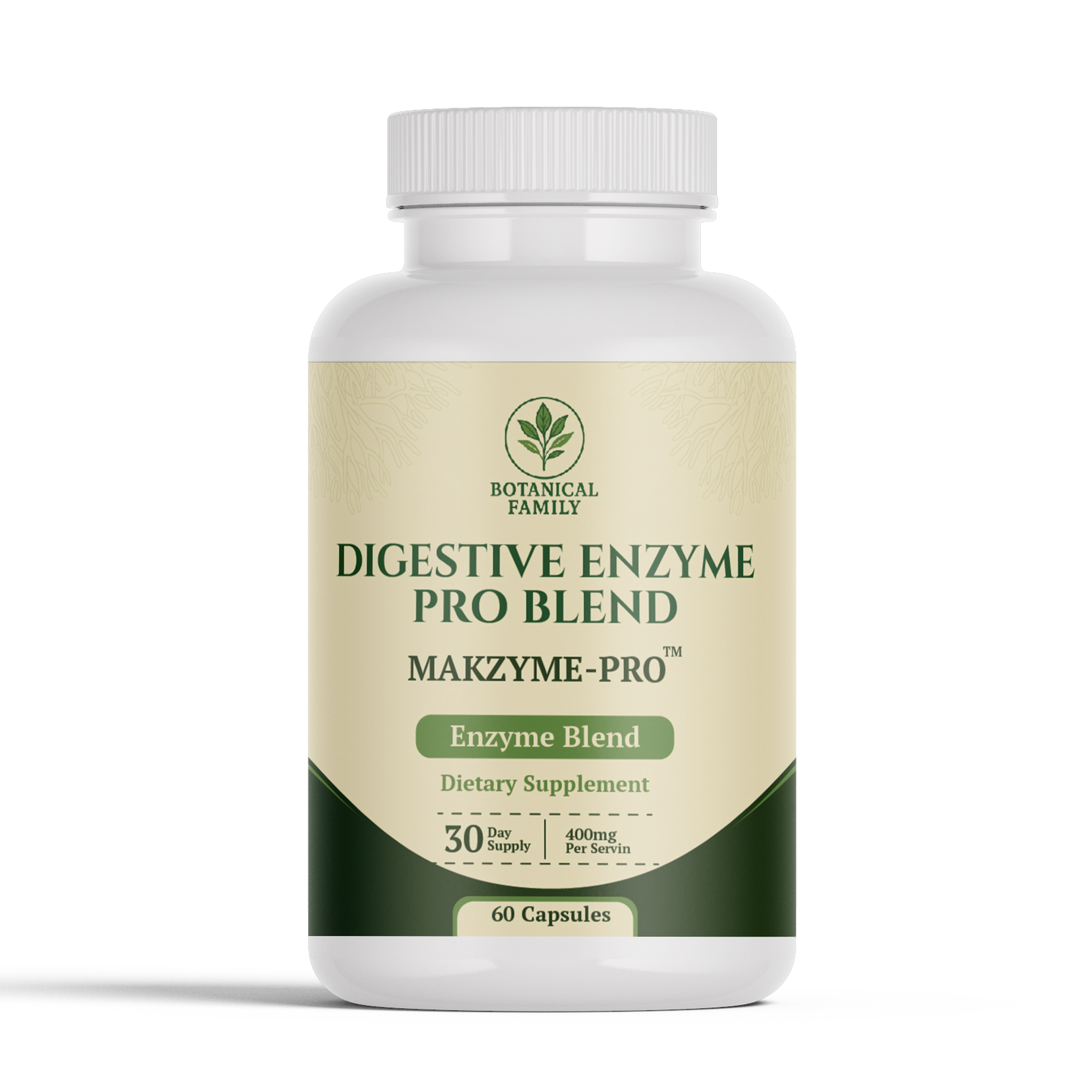 White bottle labeled 'Digestive Enzyme Pro Blend' dietary supplement.