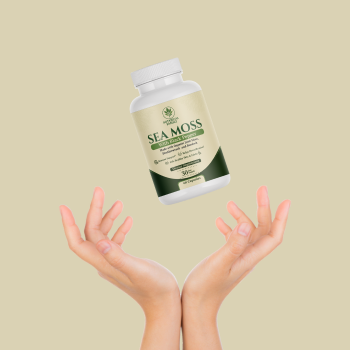 Hands reaching for a floating Sea Moss supplement bottle.