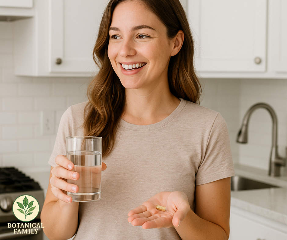 Smiling person holding a glass of water and a capsule in a kitchen.