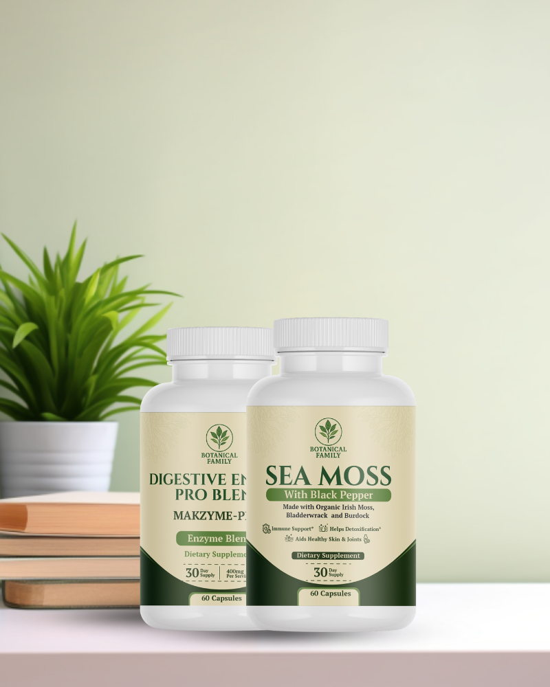 Two supplement bottles labeled 'Digestive Enzyme Pro Blend' and 'Sea Moss' on a table with a plant.